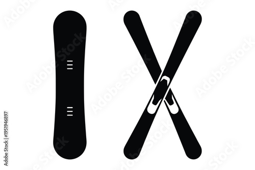 Snowboard and crossed skis vector icons for winter sports