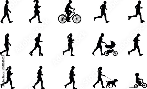 Silhouette icons of people in motion, walking, running, cycling, rollerblading, stroller pushing, dog walking, tricycle riding, everyday activity vector illustration