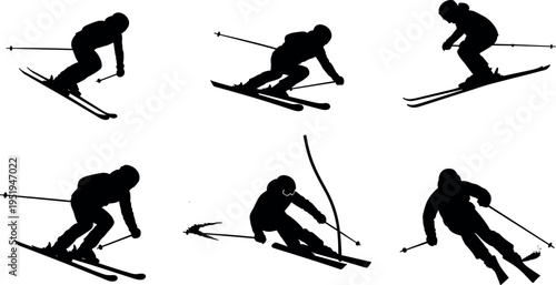  Skier silhouette vector illustration with dynamic downhill poses, winter sports action, skiing movement artwork, athletes in motion design inspiration