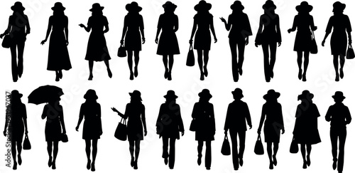  Silhouette vector illustration of fashionable women with handbags, diverse poses, stylish outfits, hats, umbrellas, modern urban lifestyle design