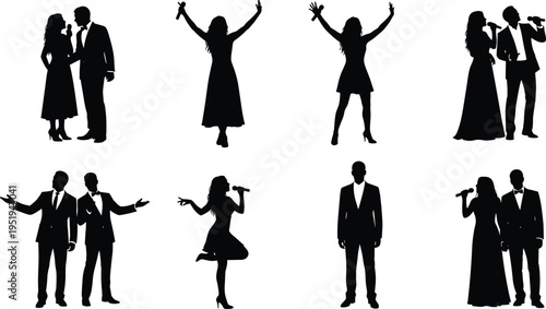 Singing performer silhouettes, microphone poses illustration, stage performance vector design, expressive music icons, concert entertainment art collection