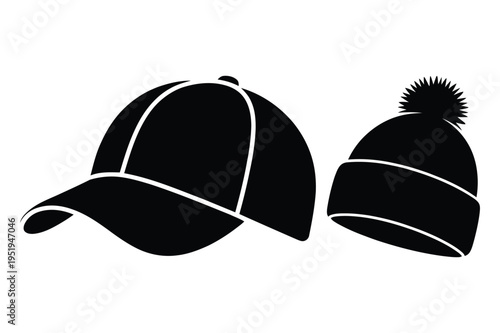 Baseball cap and beanie hat silhouette vector graphic