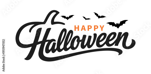 Happy Halloween typography logo with orange pumpkin outline and flying bats silhouette, for greeting card, Halloween email signature, gift tags, signs & party invitation