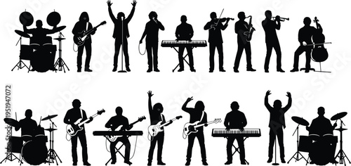 Musician silhouettes playing instruments, dynamic performance poses with guitar, drums, violin, keyboard, vector illustration for design, artwork, music themes