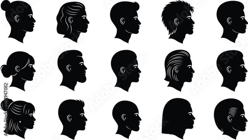 Silhouettes of diverse human head profiles with unique hairstyles, men and women, creative vector illustration showcasing fashion and character design