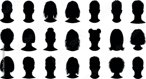  Silhouettes of diverse human head profiles with unique hairstyles, arranged in grid pattern, representing diversity, individuality, design, illustration