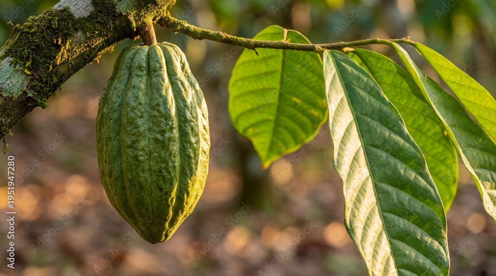 Fototapeta premium A green cacao pod hanging from a tree branch with vibrant leaves in a lush forest