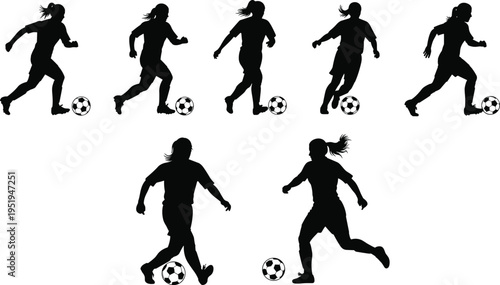 Soccer player silhouettes dribbling ball in motion sequence, dynamic athletic poses, vector illustration of sports movement and physical activity