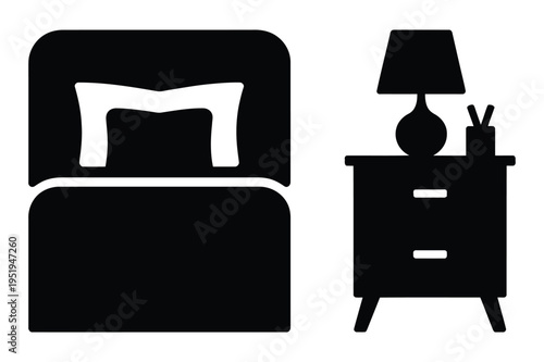 Black silhouette illustration of bed and nightstand vector