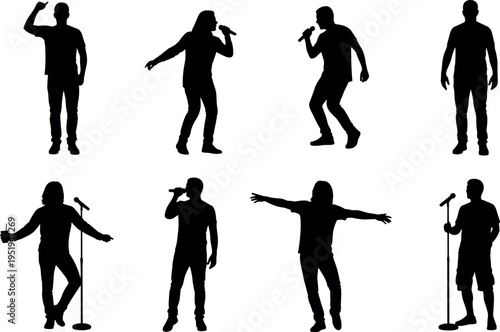 Silhouette icons of singers performing, microphone poses, dynamic stage presence, expressive gestures, live concert music vector illustration design