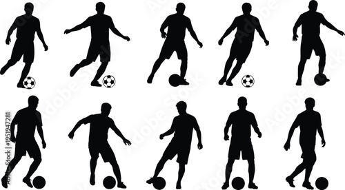 Soccer player silhouettes dribbling, kicking, and controlling ball in dynamic poses, showcasing football skills, teamwork, and athletic movement