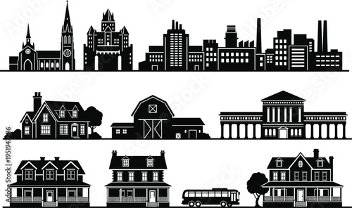 Vector illustration of diverse architectural styles including urban skyline, rural barns, suburban houses, classical buildings, townhouses, colonial homes, transportation, and trees