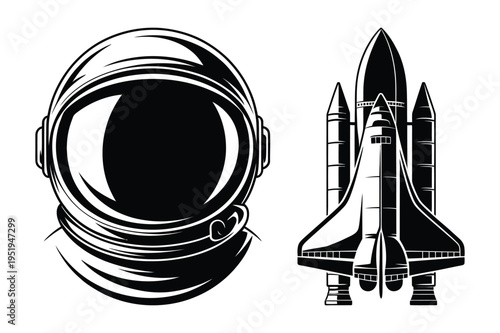 Astronaut helmet and space shuttle vector art black