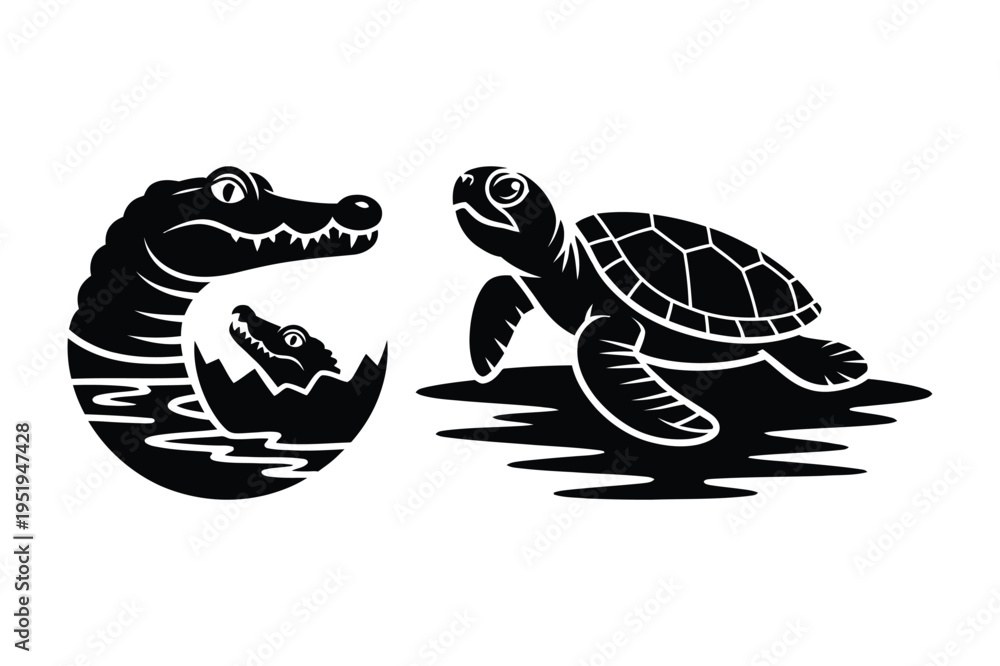 Fototapeta premium Vector silhouette of alligator and baby hatching from egg with sea