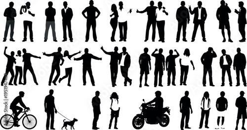 Silhouettes of people in diverse poses, standing, walking, cycling, dog walking, motorcycle riding, casual lifestyle vector illustration design