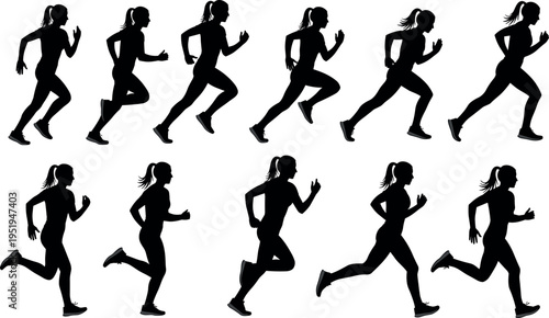 Silhouette icons of running woman, athletic stride cycle, ponytail, sports biomechanics, fitness training, dynamic movement vector illustration design