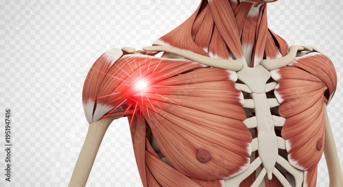 A detailed illustration of the human upper body anatomy with a highlighted shoulder injury