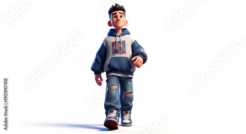 A cartoon boy wearing a hoodie and jeans walks forward with a confident expression on a plain white background