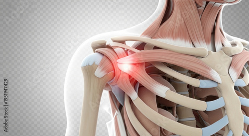 A detailed illustration of the human skeletal and muscular system with a highlighted shoulder injury