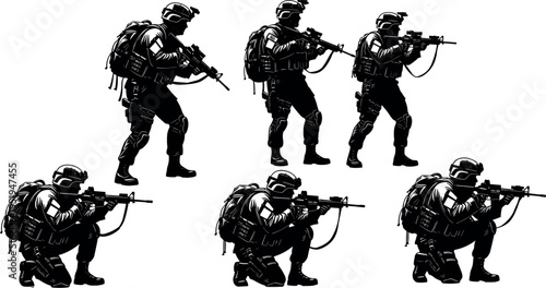 Silhouette icons of soldiers, tactical stances, combat readiness, military posture, armed forces coordination, field operation vector illustration design