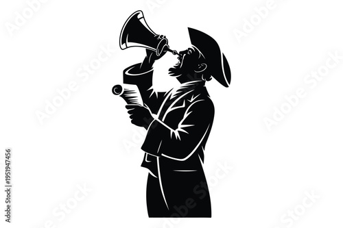 Historical man shouting into a megaphone, vintage public announcement