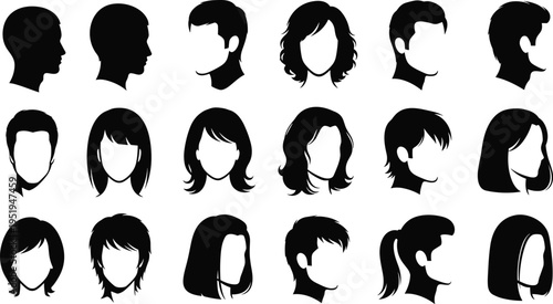Silhouettes of diverse human heads with various hairstyles, male and female profiles, creative avatar design vector illustration artwork