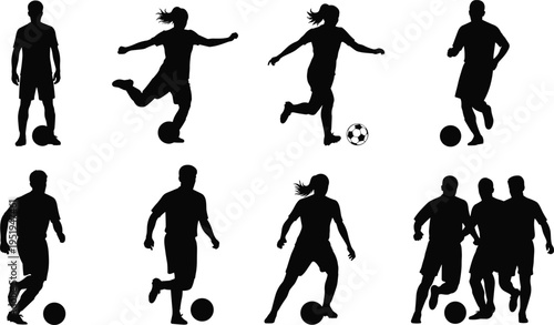 Soccer player silhouettes in dynamic action poses with ball, sports illustration symbolizing teamwork, competition, athletic movement, energy, practice, game performance