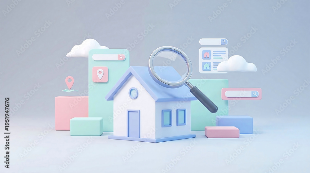 Obraz premium a house with a magnifying glass on top of it and various icons around