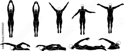 Silhouette icons of swimmer performing backstroke technique, arm positions, horizontal motion, aquatic sports training vector illustration design