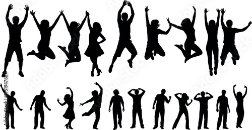  Silhouettes of people in dynamic dance and jumping poses, expressing joy, celebration, movement, energy, creativity, arranged against white background