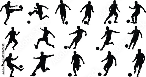Soccer player silhouettes, dynamic football poses illustration, dribbling kicking running vector design, athletic sports motion icons collection art