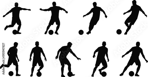 Soccer players kicking, dribbling, passing ball silhouettes, dynamic football action poses, sports training, teamwork, competition, athletic lifestyle vector illustration
