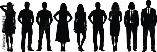 Silhouettes of diverse individuals in formal and casual attire, group unity concept, teamwork, diversity, anonymous people, black vector illustration, design elements