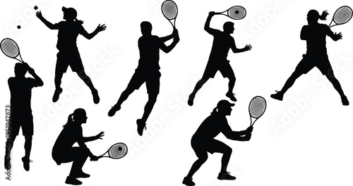 Silhouette icons of tennis players in action poses, serving, hitting, striking ball, dynamic sports movement, athletic body language vector illustration
