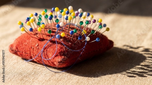 A vibrant pincushion with colorful pins and thread on a fabric surface