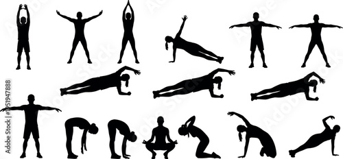 Silhouette icons of yoga and stretching poses, meditation, fitness exercise, flexibility training, wellness activity, healthy lifestyle vector illustration design