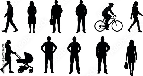 Silhouettes of people in everyday activities including walking, cycling, standing, pushing stroller, holding briefcase, handbag, arranged in rows