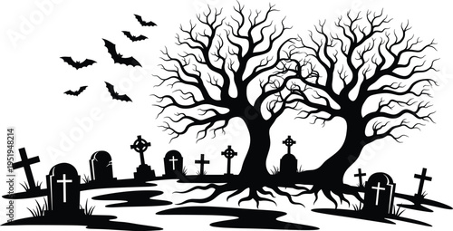 Spooky graveyard silhouettes with twisted trees, gravestones, crosses, flying bats, eerie haunted atmosphere, Halloween horror gothic vector illustration design