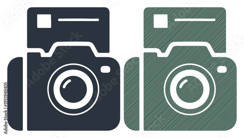 Two stylized camera icons, one solid and one textured, representing photography choice