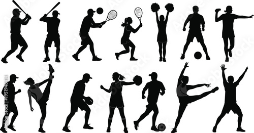 Sports silhouettes of athletes in multiple activities, fitness vector illustration, physical movement artwork, recreation lifestyle concept, athletic design