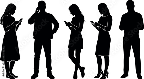 Silhouette vector illustration of people using smartphones, mobile technology, modern lifestyle, digital communication, casual poses, connected society, everyday interaction