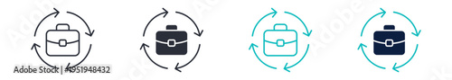 Business cycle icons, briefcase with circular arrows symbol, workflow loop and process cycle icon in line and silhouette style, vector illustration