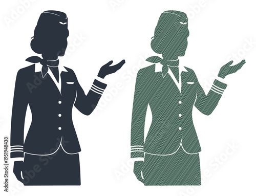 Professional flight attendant gesturing to welcome passengers on an aircraft