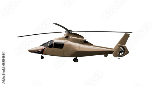Modern tan military attack helicopter with distinctive shark mouth decal, isolated on transparent background, advanced rotorcraft design PNG