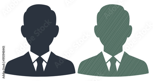 Two stylized male silhouettes in suits, representing business professionals or colleagues.