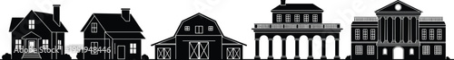 Silhouette illustration of diverse buildings including houses, barn, courthouse with columns, university dome, architectural variety, vector design content