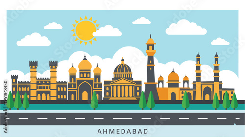 Ahmedabad city skyline horizontal banner with famous landmarks sunset