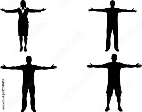 Silhouettes of people in T-pose stance, showing formal and casual attire differences, posture comparison, and body modeling