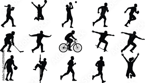Sports silhouettes of athletes playing baseball, basketball, hockey, cycling, skateboarding, running, climbing, celebrating, dynamic physical activity vector illustration