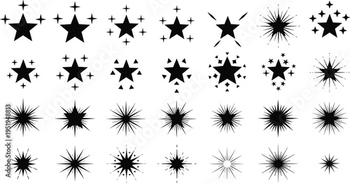 Starburst and star icons collection, decorative vector illustration, geometric spark shapes, abstract design elements for creative, artistic, and graphic design use